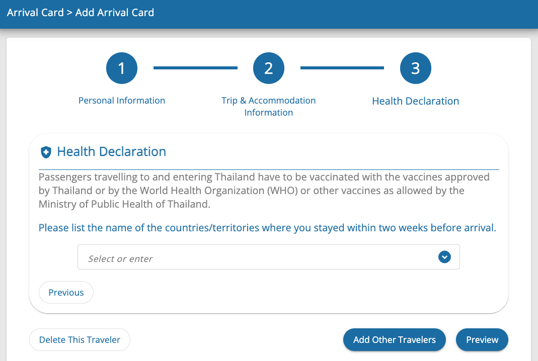 Déclaration de santé TDAC - pays visités 2 semaines avant arrivée Thaïlande