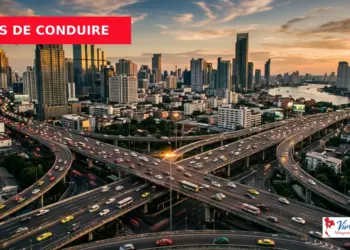 Autoroutes de Bangkok en Thaïlande vue aérienne, circulation urbaine moderne, permis de conduire thaïlandais expatrié