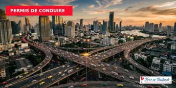 Autoroutes de Bangkok en Thaïlande vue aérienne, circulation urbaine moderne, permis de conduire thaïlandais expatrié