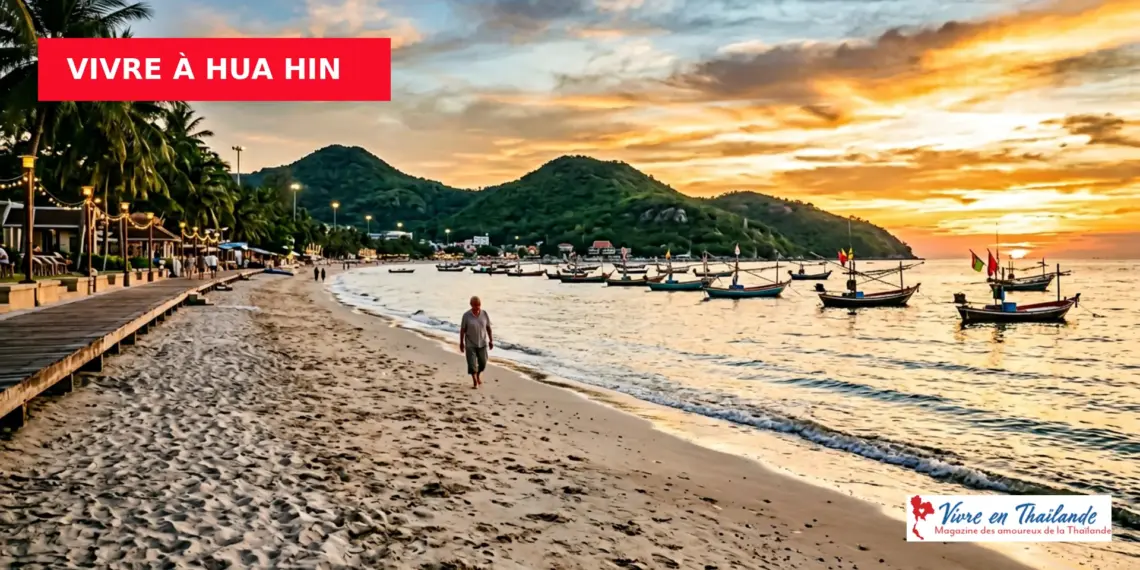 Promenade bord de mer Hua Hin Thaïlande avec expatriés marchant au coucher du soleil golden hour ambiance paisible