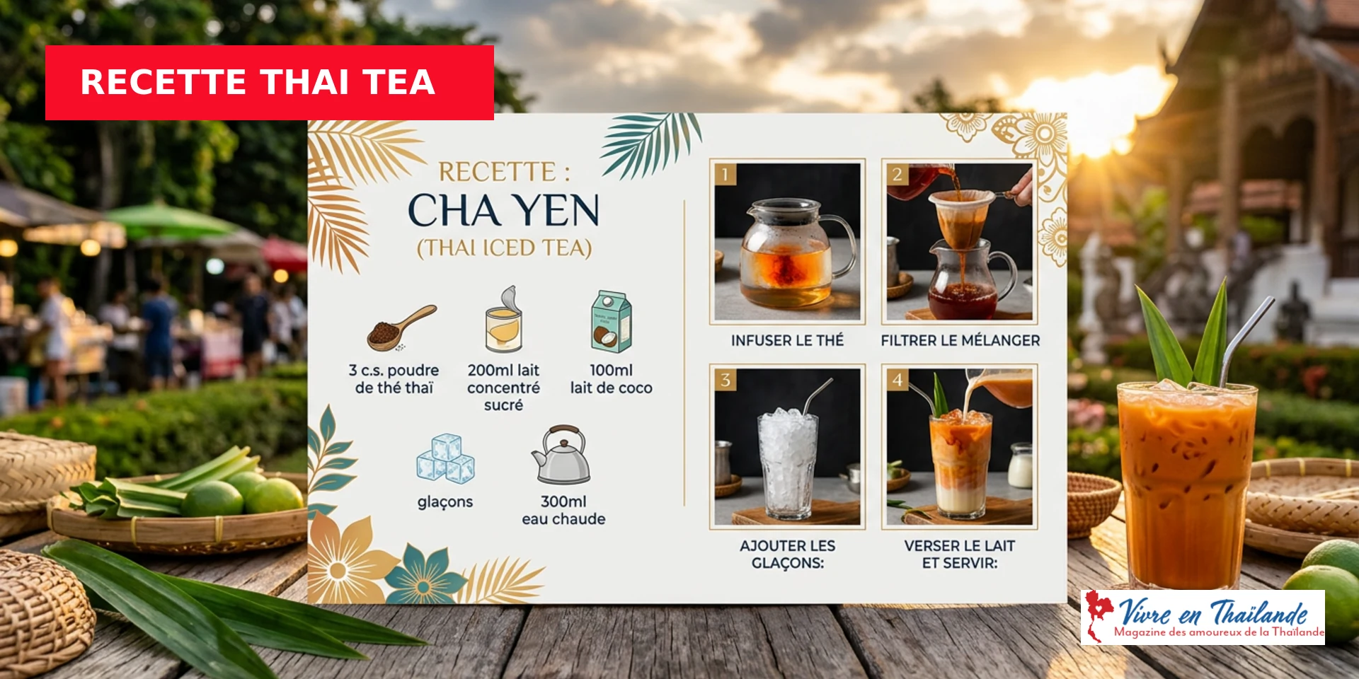 Infographie recette Thai Tea Cha Yen — ingrédients et étapes de préparation | Vivre en Thaïlande