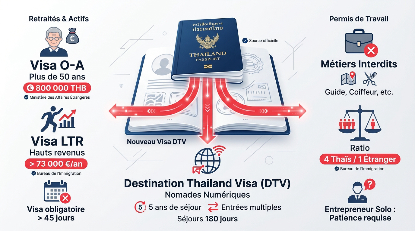 Infographie visas Thaïlande 2026 — comparatif DTV, retraite, LTR, Elite pour expatriés