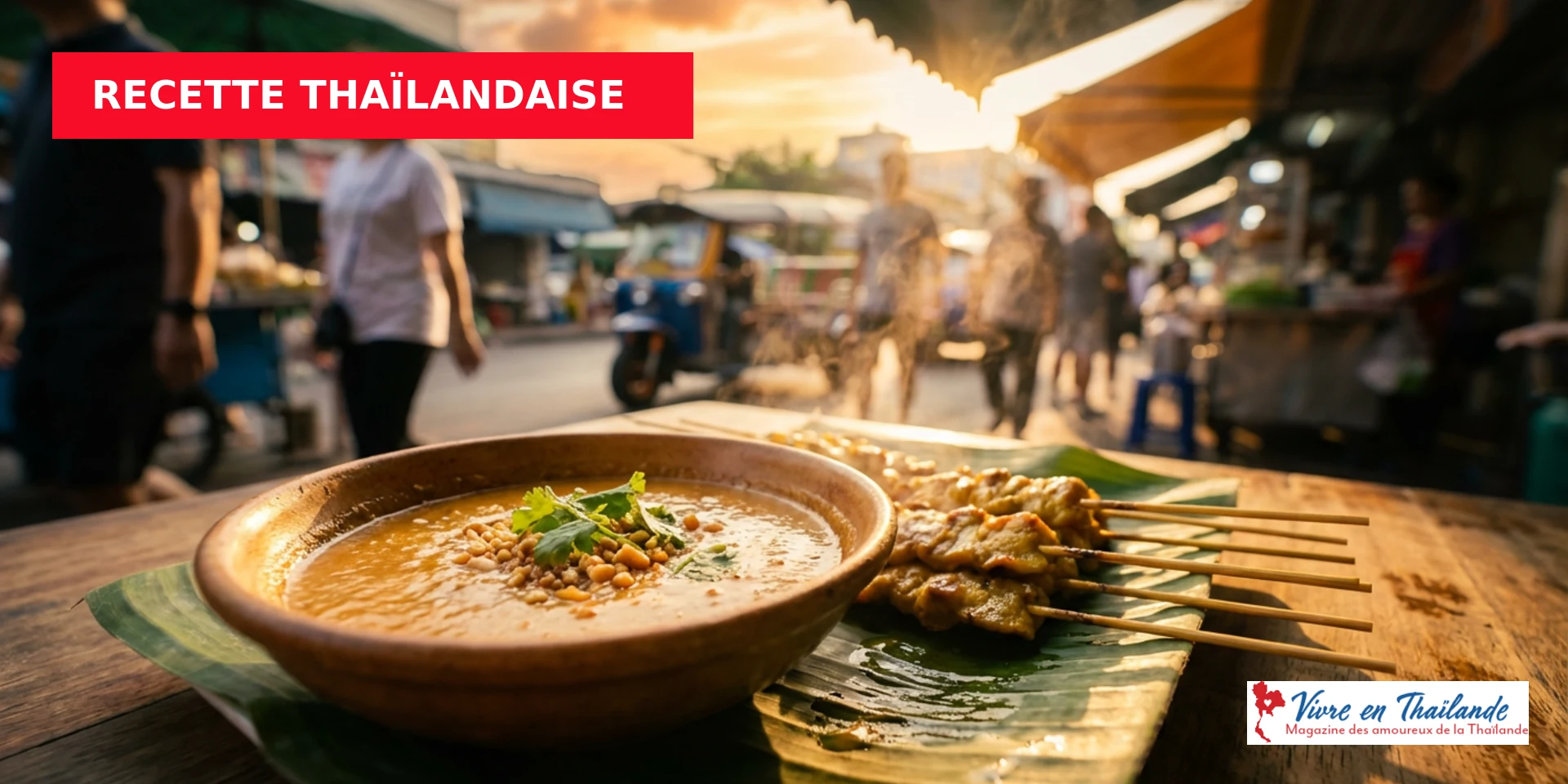 Sauce satay thaïlandaise authentique - bol de sauce cacahuète crémeuse dorée avec brochettes grillées, marché de nuit Bangkok