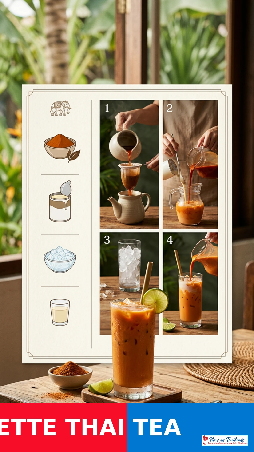 Infographie recette Thai Tea Cha Yen — étapes et ingrédients à sauvegarder | Vivre en Thaïlande