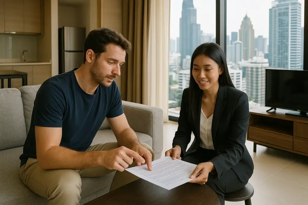Expatrie visitant un condominium moderne en Thailande avec un agent immobilier