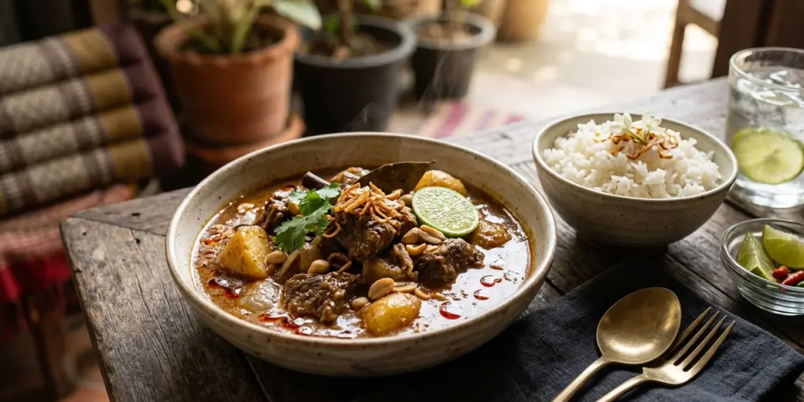 Bol de massaman curry thai au boeuf avec pommes de terre et riz jasmin