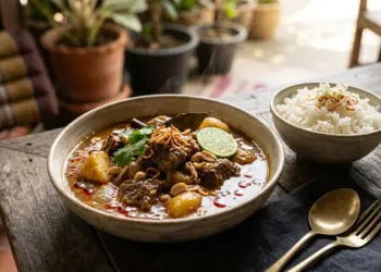 Bol de massaman curry thai au boeuf avec pommes de terre et riz jasmin