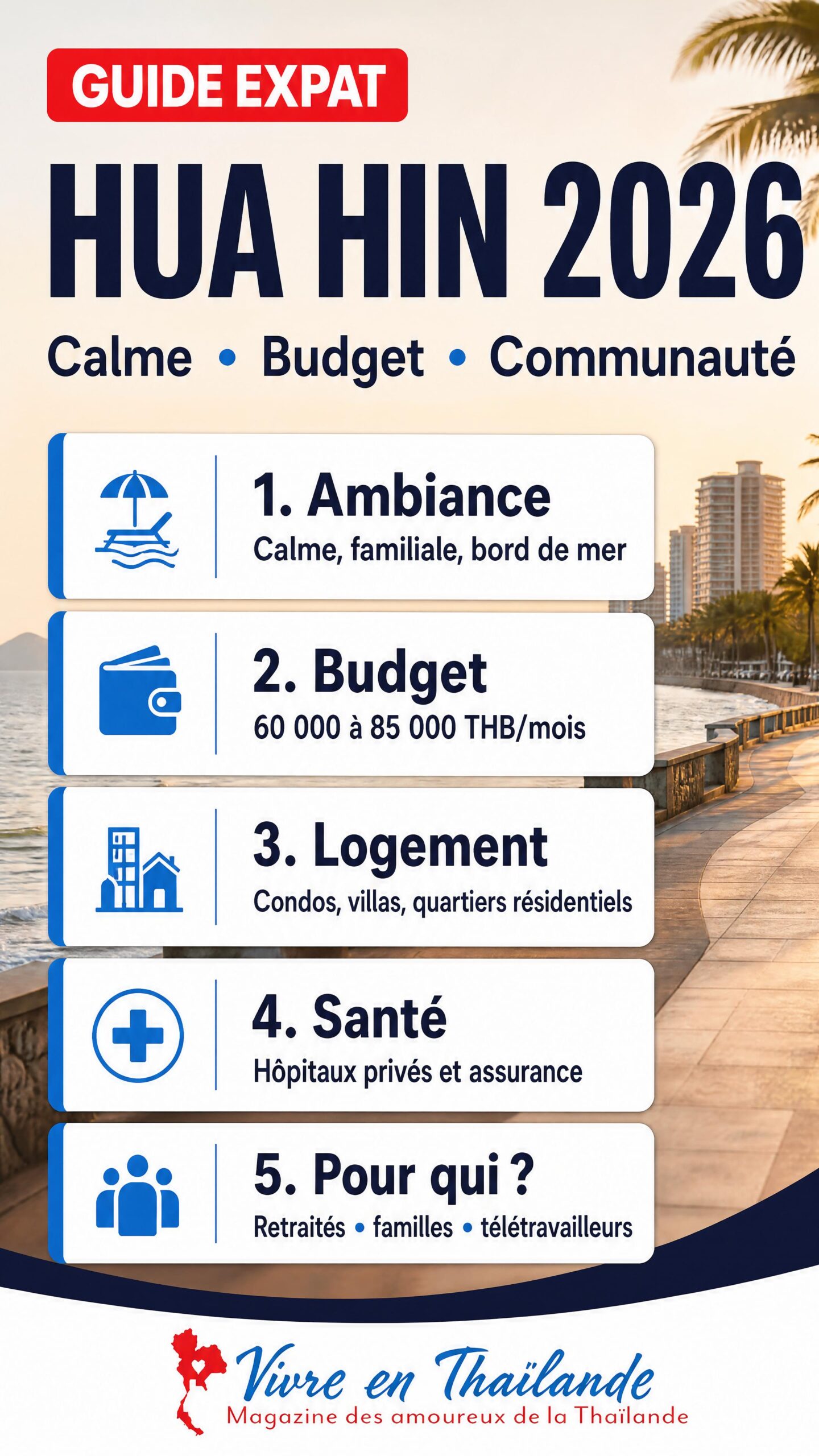 Infographie mobile vivre à Hua Hin 2026 : ambiance, budget, logement et santé