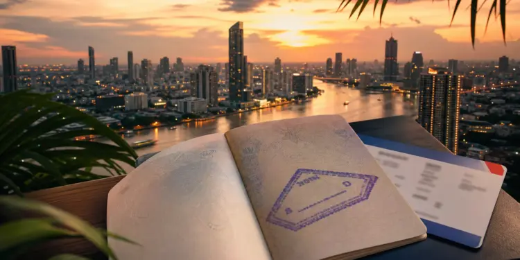 Thailand visa exemption 2026: Bangkok skyline at dusk with Thai flag — covered by Vivre en Thaïlande