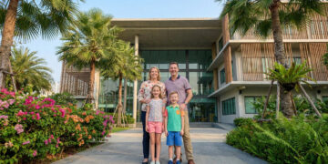 Une famille souriante devant un bâtiment moderne d'école internationale entouré de palmiers et de fleurs en Thaïlande.