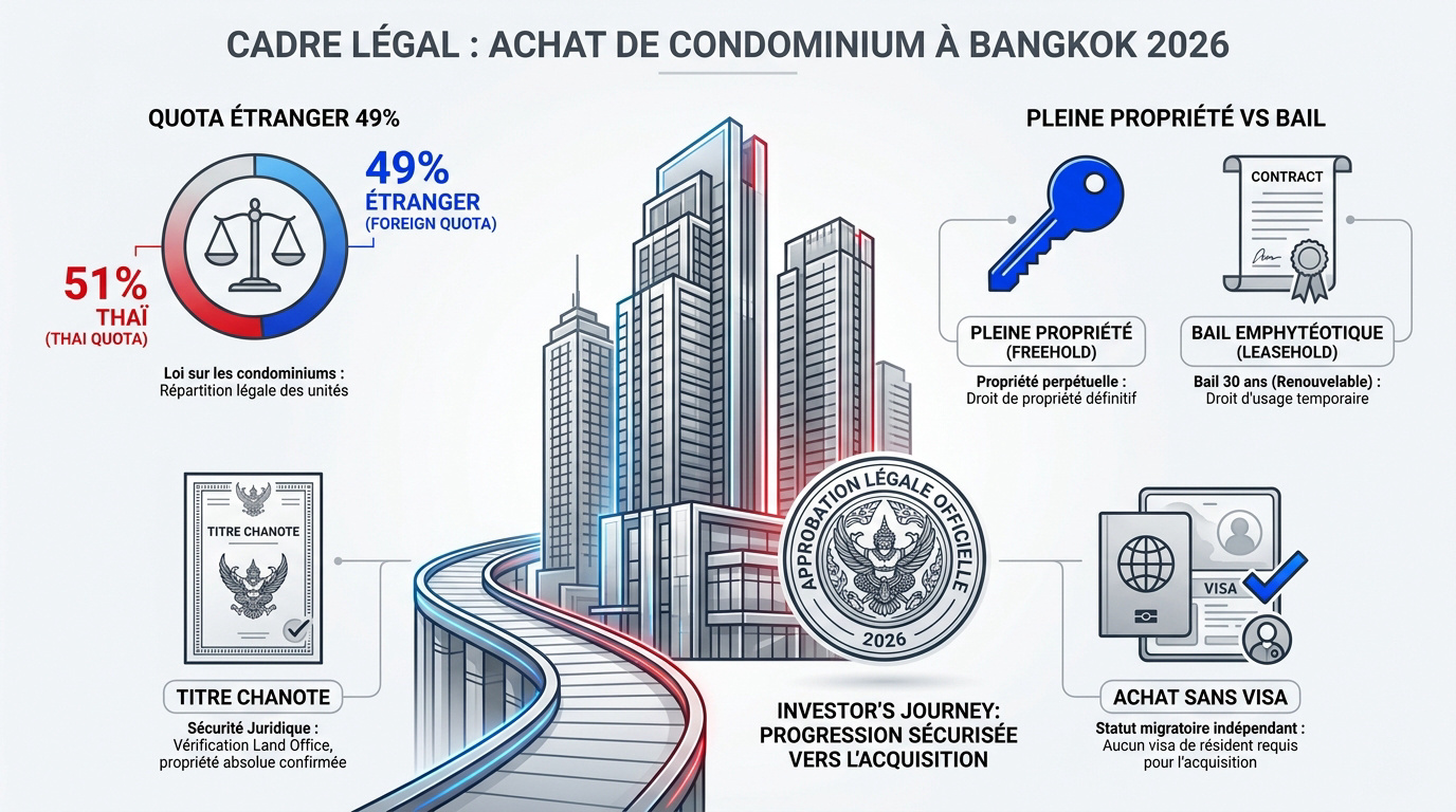 Vue aérienne de condominiums modernes à Bangkok illustrant le cadre légal de l'immobilier en 2026
