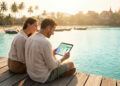 Un couple souriant regarde une tablette sur un ponton en bois au bord d'une mer tropicale avec des temples en arrière-plan.