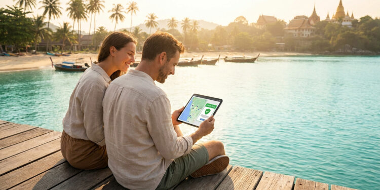 Un couple souriant regarde une tablette sur un ponton en bois au bord d'une mer tropicale avec des temples en arrière-plan.