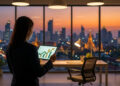 Une femme d'affaires regarde un graphique de croissance sur une tablette devant les gratte-ciels de Bangkok au crépuscule.