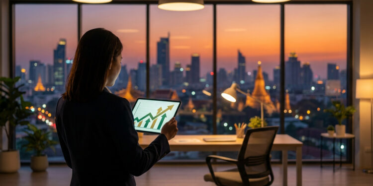 Une femme d'affaires regarde un graphique de croissance sur une tablette devant les gratte-ciels de Bangkok au crépuscule.