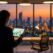 Une femme d'affaires regarde un graphique de croissance sur une tablette devant les gratte-ciels de Bangkok au crépuscule.