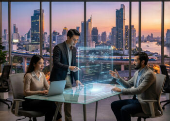 Équipe travaillant sur une interface numérique holographique dans un bureau moderne avec vue sur Bangkok au crépuscule.