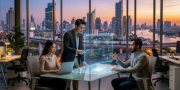 Équipe travaillant sur une interface numérique holographique dans un bureau moderne avec vue sur Bangkok au crépuscule.