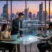 Équipe travaillant sur une interface numérique holographique dans un bureau moderne avec vue sur Bangkok au crépuscule.