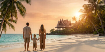 Une famille regarde le coucher de soleil sur une plage thaïlandaise avec un pavillon traditionnel en arrière-plan.