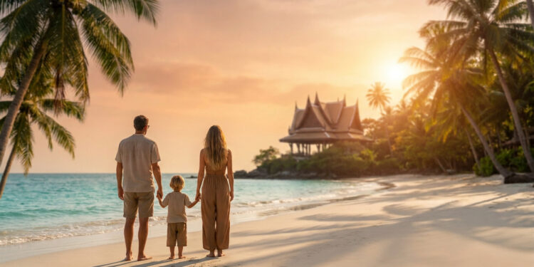 Une famille regarde le coucher de soleil sur une plage thaïlandaise avec un pavillon traditionnel en arrière-plan.
