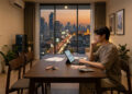 Un jeune homme calcule son budget sur un ordinateur portable dans un appartement moderne avec vue sur Bangkok.