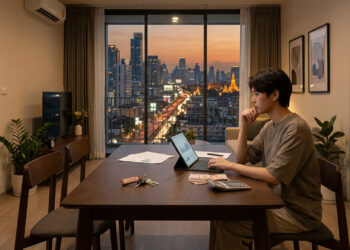 Un jeune homme calcule son budget sur un ordinateur portable dans un appartement moderne avec vue sur Bangkok.