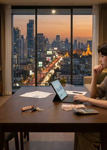 Un jeune homme calcule son budget sur un ordinateur portable dans un appartement moderne avec vue sur Bangkok.