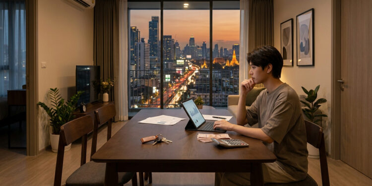 Un jeune homme calcule son budget sur un ordinateur portable dans un appartement moderne avec vue sur Bangkok.