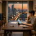 Un jeune homme calcule son budget sur un ordinateur portable dans un appartement moderne avec vue sur Bangkok.