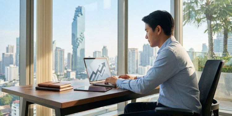 Homme d'affaires travaillant sur un ordinateur portable avec un graphique de croissance devant une vue de Bangkok.