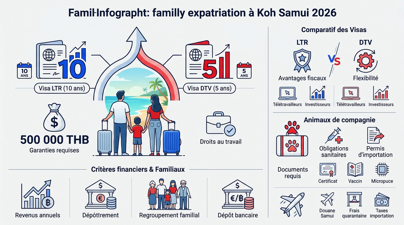Infographie sur les coûts et visas pour une expatriation en famille à Koh Samui en 2026