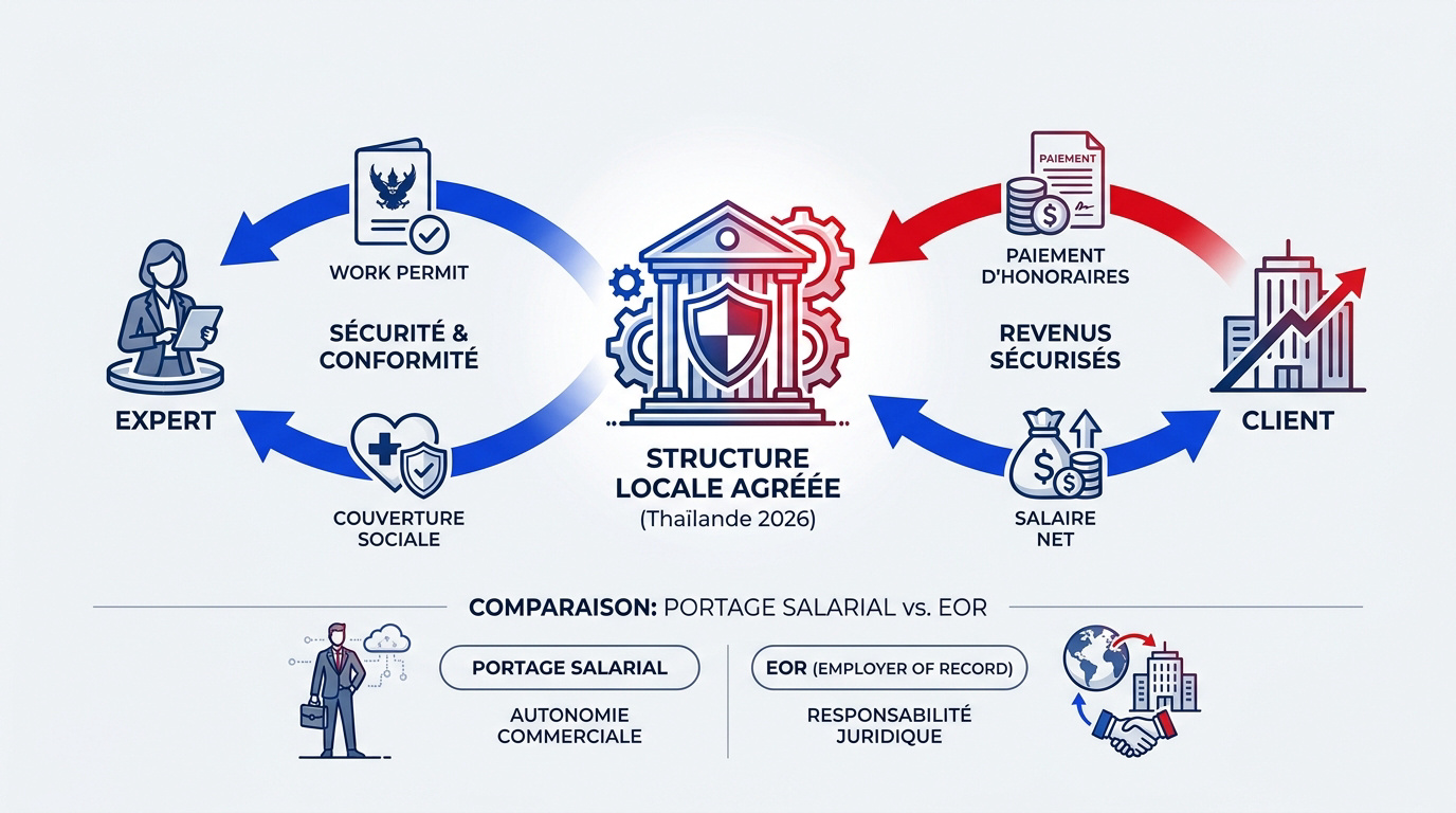 Infographie expliquant le fonctionnement du portage salarial en Thaïlande pour les expatriés