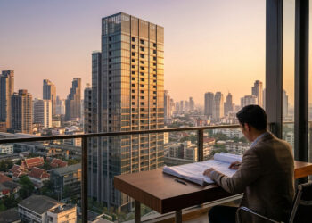 Un homme en costume étudie des plans architecturaux sur un bureau avec une vue panoramique sur les gratte-ciels de Bangkok.