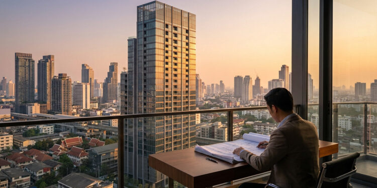 Un homme en costume étudie des plans architecturaux sur un bureau avec une vue panoramique sur les gratte-ciels de Bangkok.