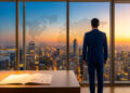 Un homme d'affaires en costume regarde un panorama urbain au coucher du soleil avec une carte du monde sur la vitre.