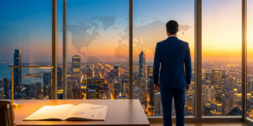 Un homme d'affaires en costume regarde un panorama urbain au coucher du soleil avec une carte du monde sur la vitre.