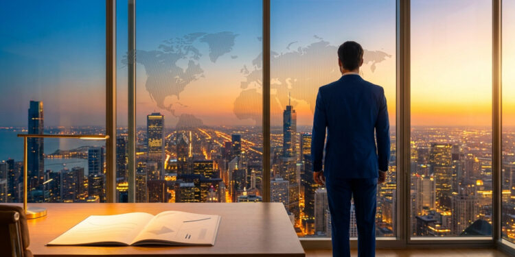 Un homme d'affaires en costume regarde un panorama urbain au coucher du soleil avec une carte du monde sur la vitre.