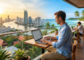 Un homme travaille sur son ordinateur portable sur une terrasse offrant une vue hybride sur une ville moderne et une plage.