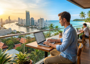 Un homme travaille sur son ordinateur portable sur une terrasse offrant une vue hybride sur une ville moderne et une plage.