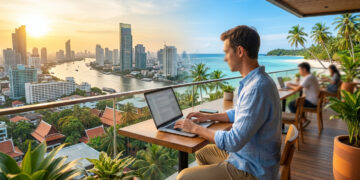 Un homme travaille sur son ordinateur portable sur une terrasse offrant une vue hybride sur une ville moderne et une plage.