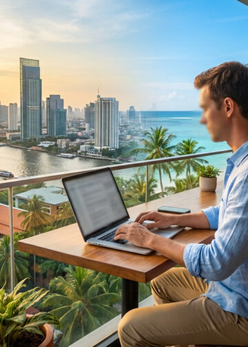 Un homme travaille sur son ordinateur portable sur une terrasse offrant une vue hybride sur une ville moderne et une plage.