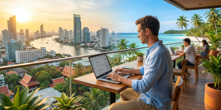 Un homme travaille sur son ordinateur portable sur une terrasse offrant une vue hybride sur une ville moderne et une plage.