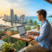 Un homme travaille sur son ordinateur portable sur une terrasse offrant une vue hybride sur une ville moderne et une plage.