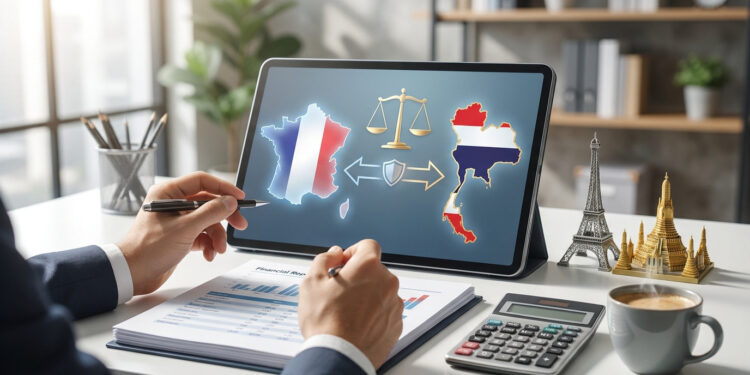 Un professionnel examine des données sur une tablette illustrant la convention fiscale entre la France et la Thaïlande.
