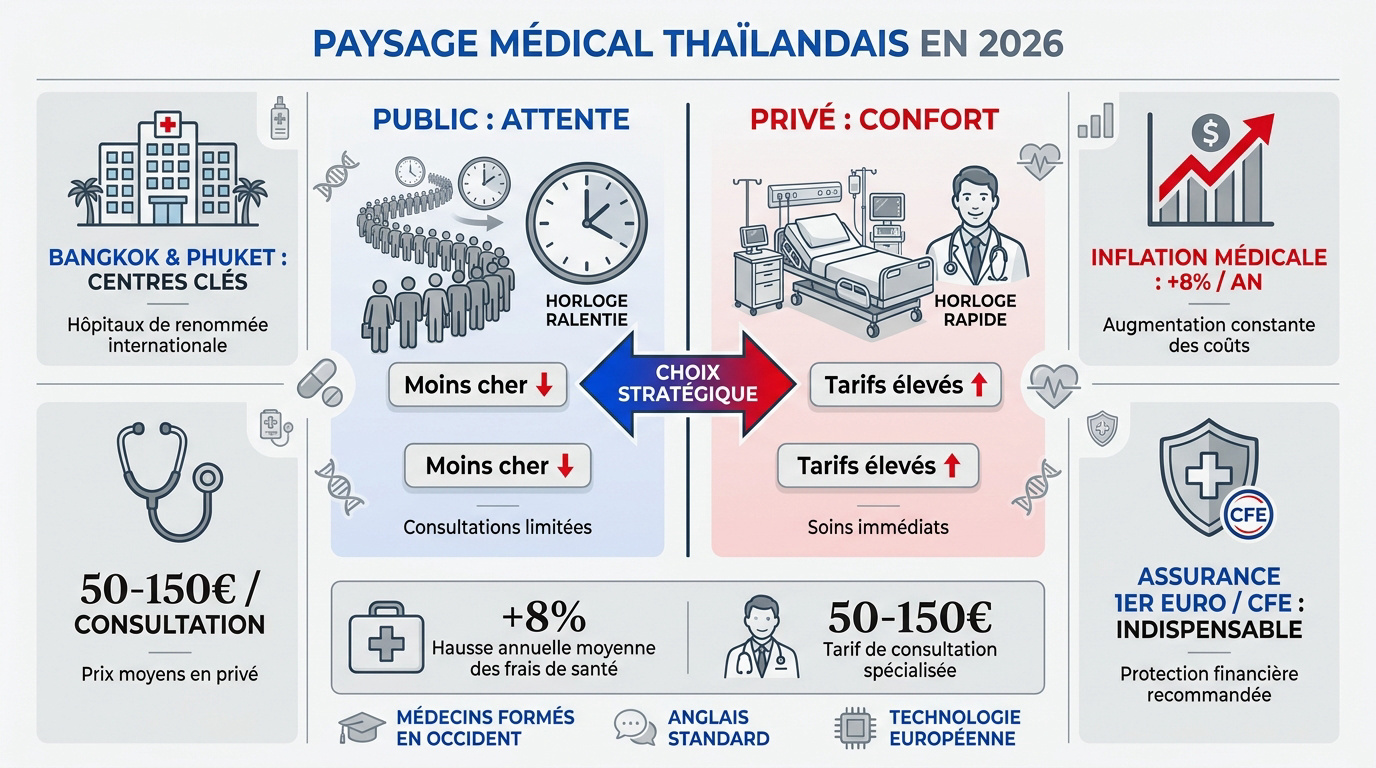 Comparaison entre un hôpital privé moderne à Bangkok et une structure publique
