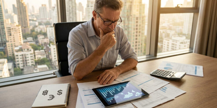Un homme d'affaires réfléchi examinant des données financières sur une tablette face à une vue urbaine.
