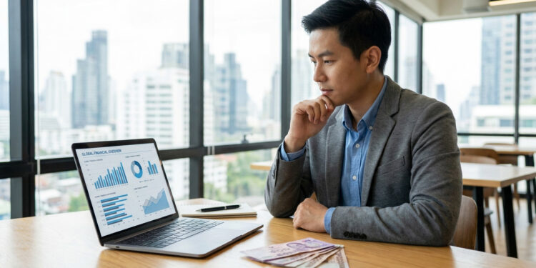 Homme d'affaires thaïlandais consultant des graphiques financiers sur ordinateur avec des billets en bahts sur la table.