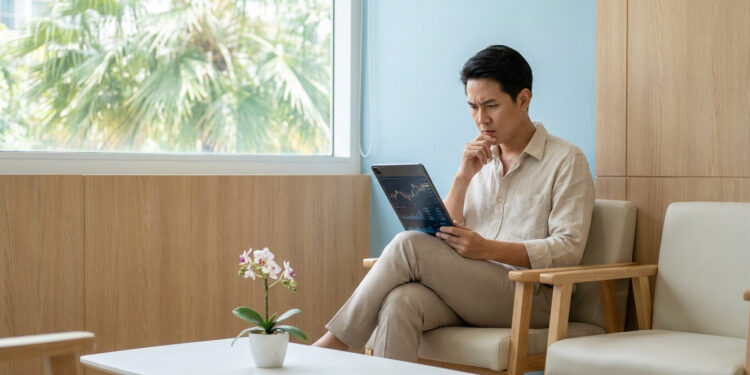 Homme asiatique inquiet consultant des données financières sur une tablette dans une salle d'attente.