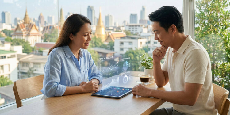 Couple thaïlandais consultant des graphiques sur une tablette avec Bangkok en arrière-plan.